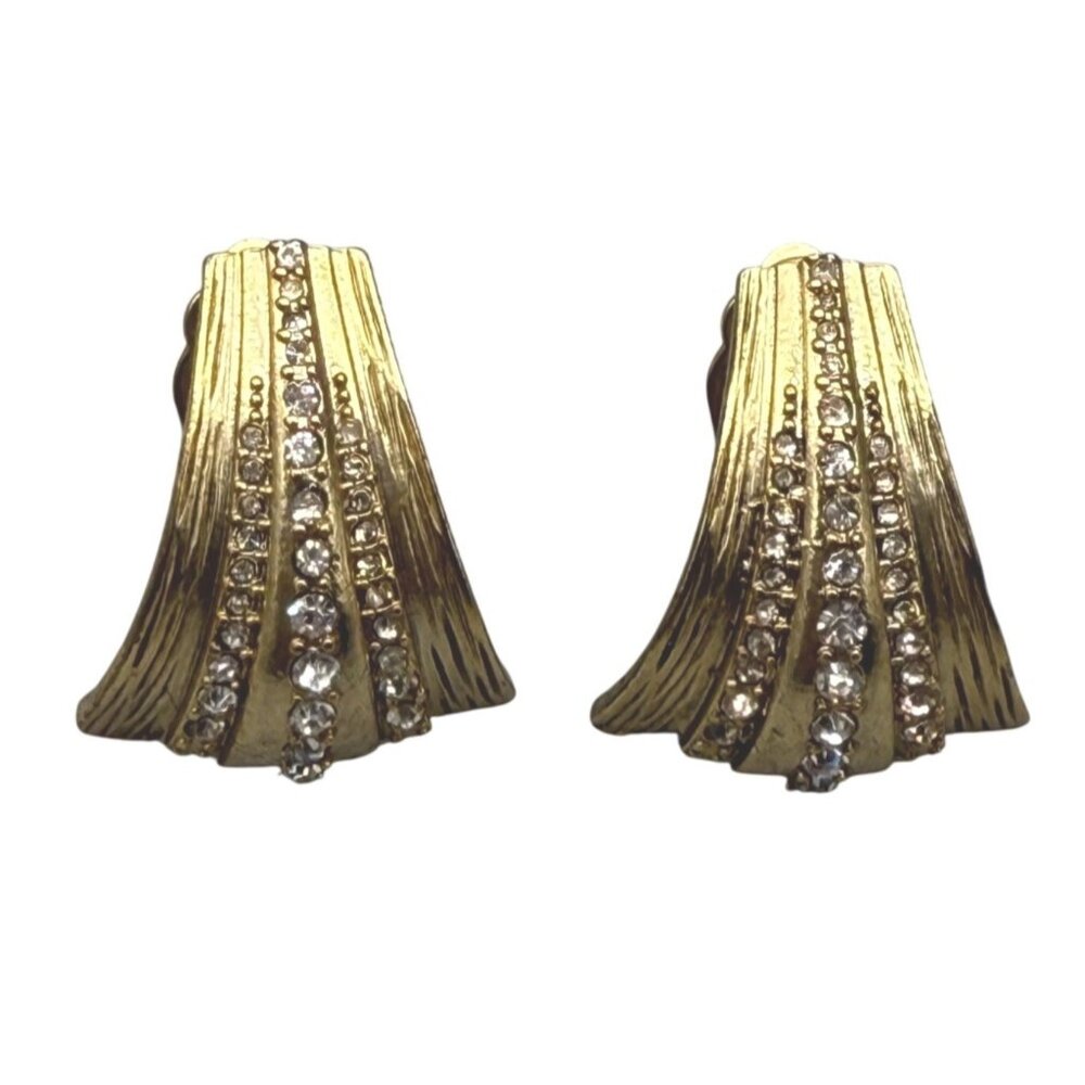 Vintage Gold-Tone Clip-On Earrings With Rhinestone Accents